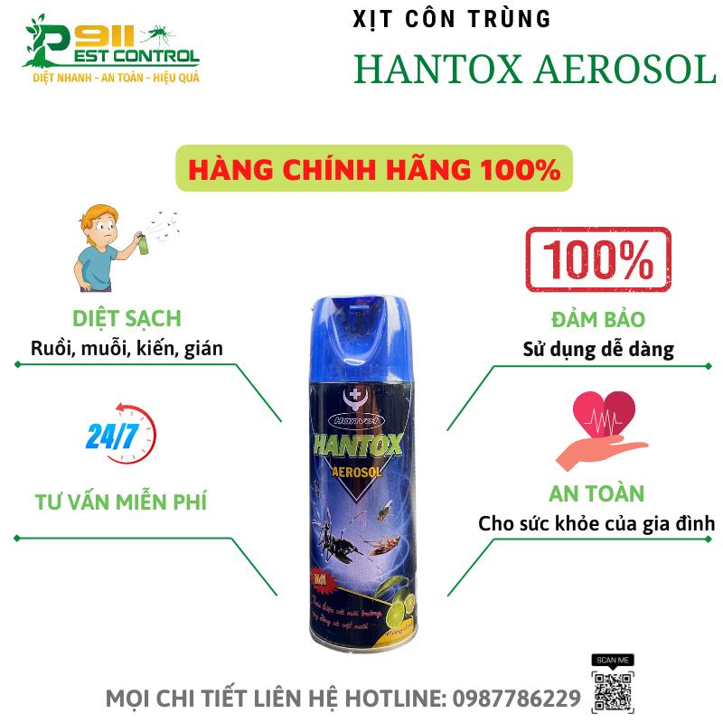 Bình xịt côn trùng Hantox Aerosol - diệt ruồi, muỗi, kiến, gián chai 400ml