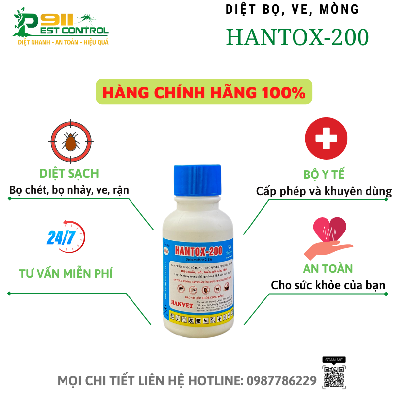 Thuốc côn trùng Hantox-200 chuyên diệt: bọ, ve, mòng, ruồi, muỗ, kiến, gián chai 100ml