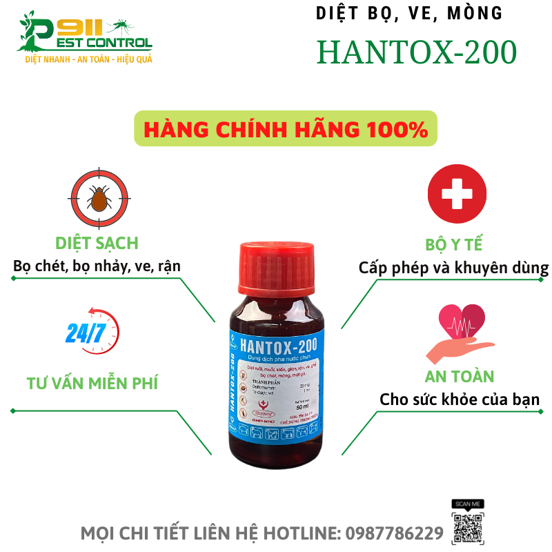 Thuốc diệt côn trùng Hantox-200 chuyên diệt ve, bọ, mòng, mạt, ruồi, muỗi, kiến, gián - chai 50ml