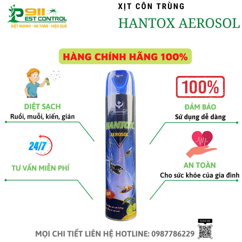 Bình xịt côn trùng Hantox Aerosol - diệt ruồi, muỗi, kiến, gián chai 600ml